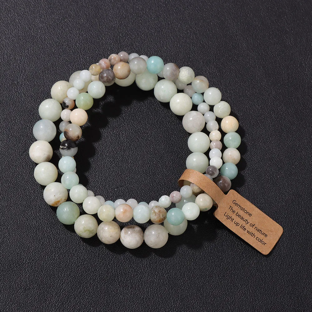 3pcs Natural Stone Amazonite Bracelet 4 6 8 mm Beads Pink Zebra Tree Agates Stretch Elastic Bracelet Set For Women Men Jewelry