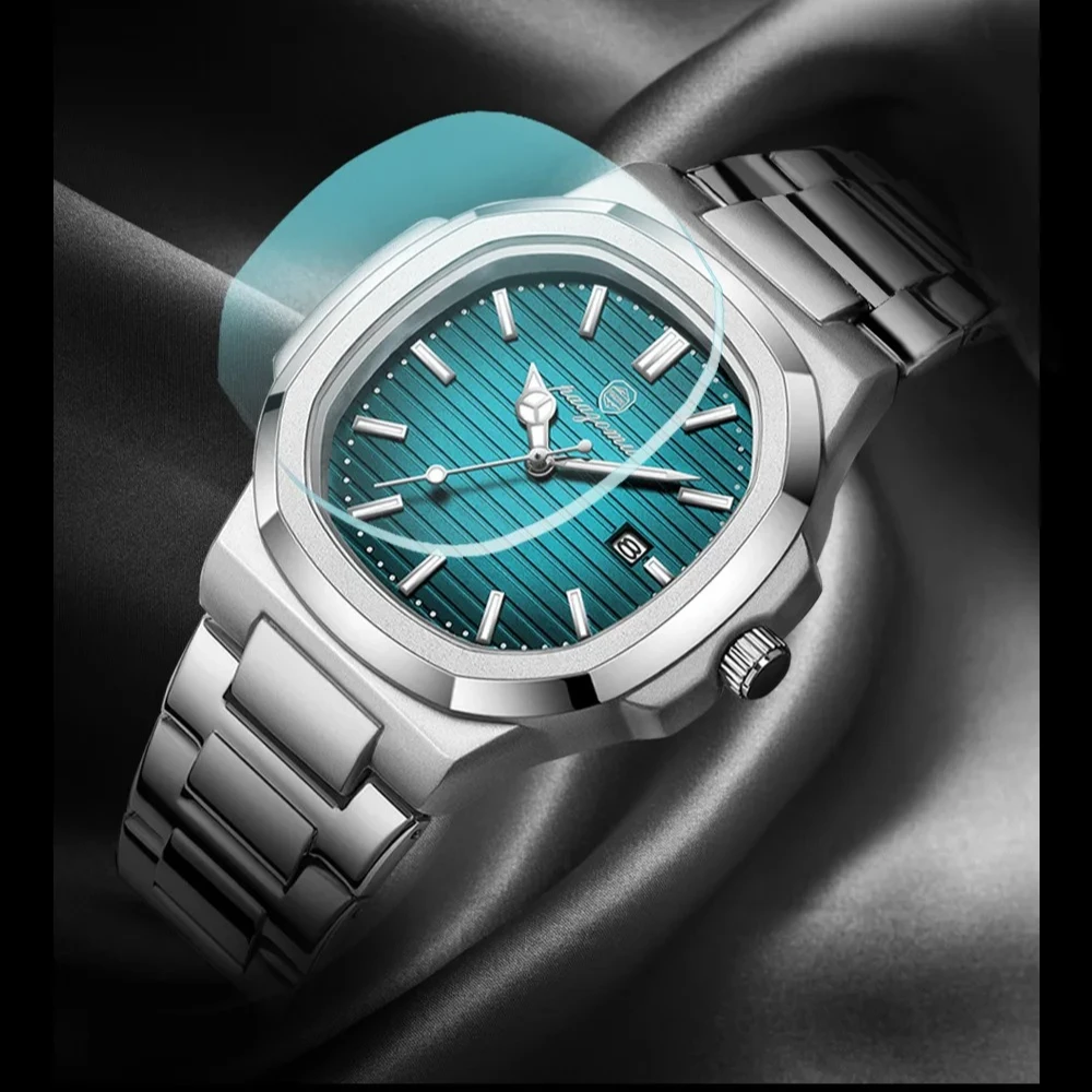 2026-新しい高級軍人腕時計スクエア防水発光日付週メンズ腕時計ステンレス鋼クォーツメンズ腕時計リロイ-ボックス