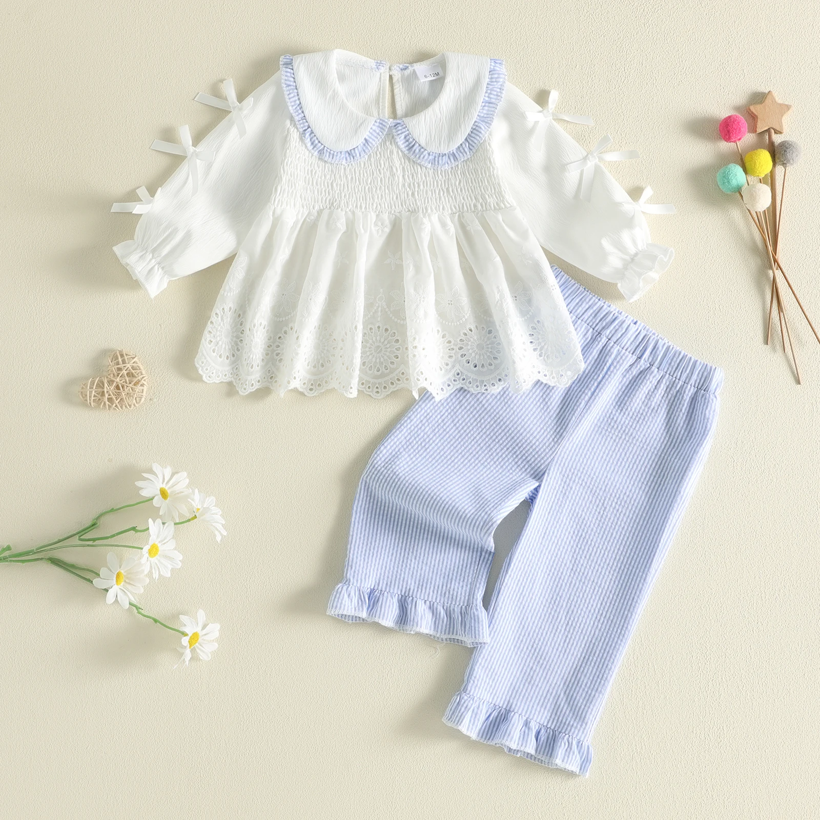 1-4Y Girls Fall Outfit Long Sleeve Doll Collar Bows Lace shirt with Striped Pants Sweet Girls Sets