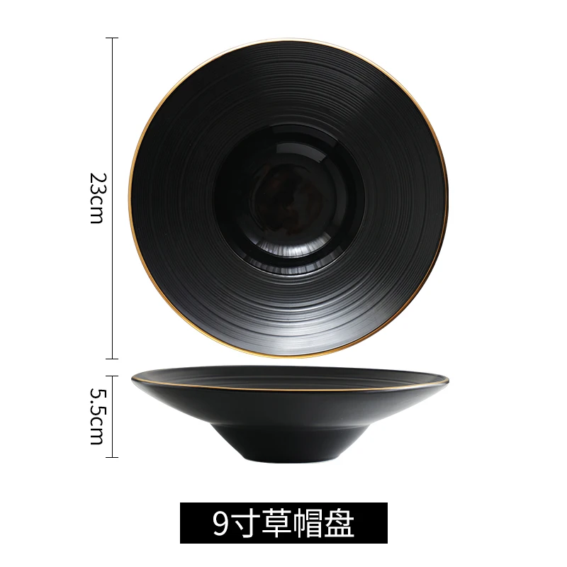 European Breakfast Western Plate Simple Black Pasta Household Dish Ceramic Soup Straw Hat