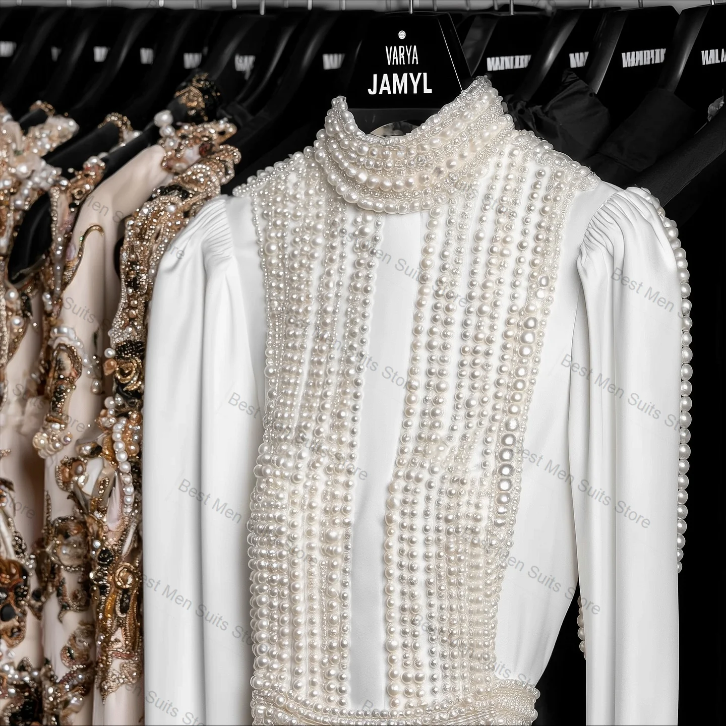 

White Pearls Women Suit Set 2 Pcs Blazer+Black Pants Trousers Autumn Formal Office Jacket Customized Wedding Guest Prom Coat