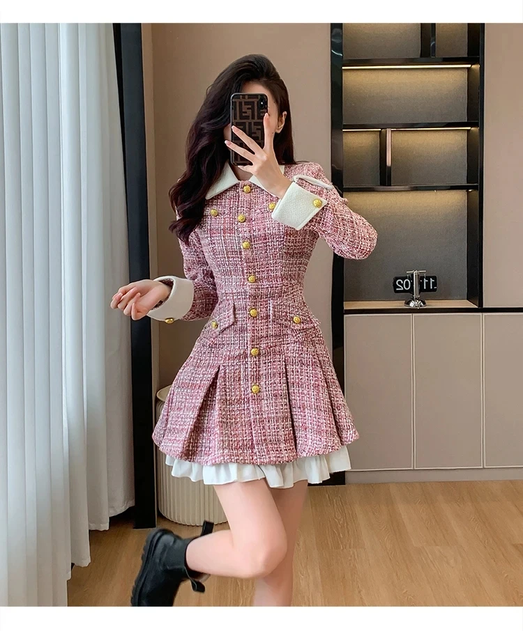 MIni Pink Dresses 2024 New Autumn Plaid Patchwork Women Dress Small Fragrance Tweed Single Breasted Sashes Party Female Vestidos