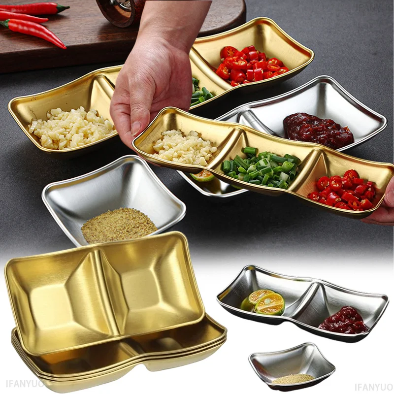 304 Stainless Steel Sauce Dish Gold Silver Dipping Dish 1/2/3 Grids Barbecue Hot Pot Seasoning Plate for Restaurant Kitchen