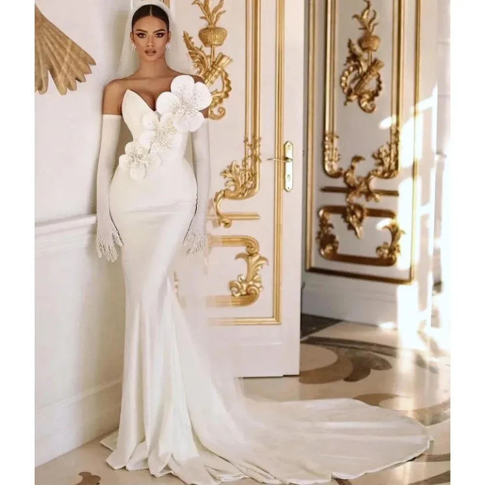 Elegant Mermaid Pearl Flowers Sexy V-Neck Gloves Formal Occasion Wedding Prom Dress Evening Party Gowns(No gloves)