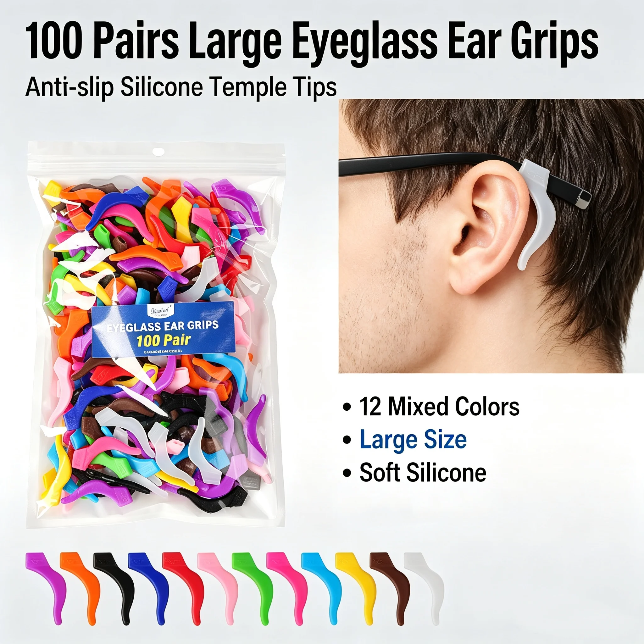 100 Pairs Large Size Silicone Eyeglass Ear Grips 12 Mixed Colors Anti Slip Glasses Ear Hooks Temple Tips Anti-Fall Eyewear