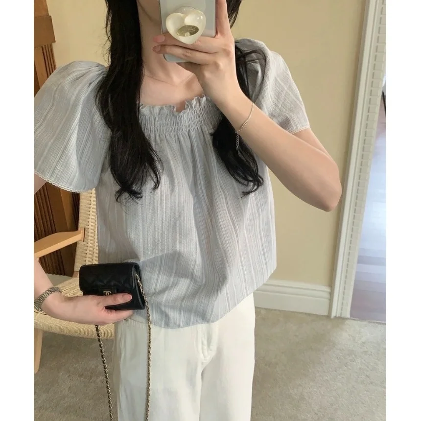 

French Style Lace Short Sleeve Shirt Women's Breathable Versatile Square Collar Top Summer New Arrival Korean Chic Fashion