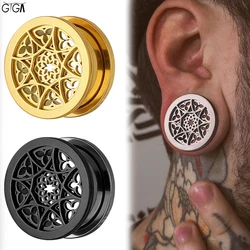 Giga 2Pcs Gothic Hollow Ear Tunnel Plug Stretcher Stainless Steel Screw Back Ear Gauges Expander Body Piercing Jewelry Vintage