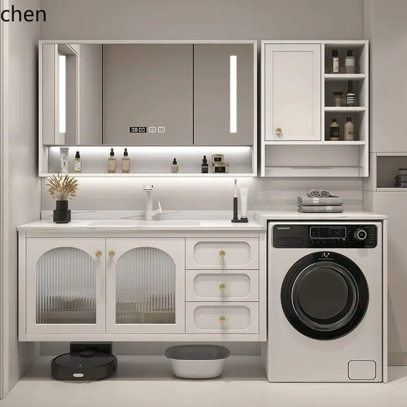 ZML Bathroom Cabinet Rock Board Hot Bending Integrated Basin Seamless Basin Washing Machine Cabinet
