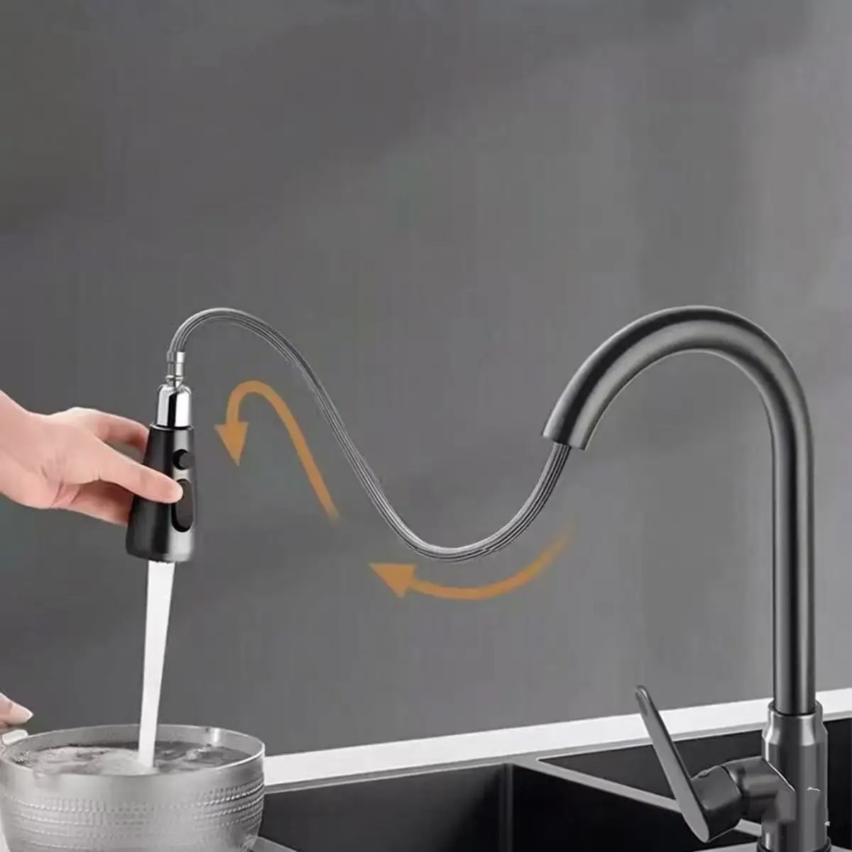 Stainless steel kitchen faucet single hole pull out spout kitchen sink mixer faucet flow spray head 360 swivel cleaning faucet