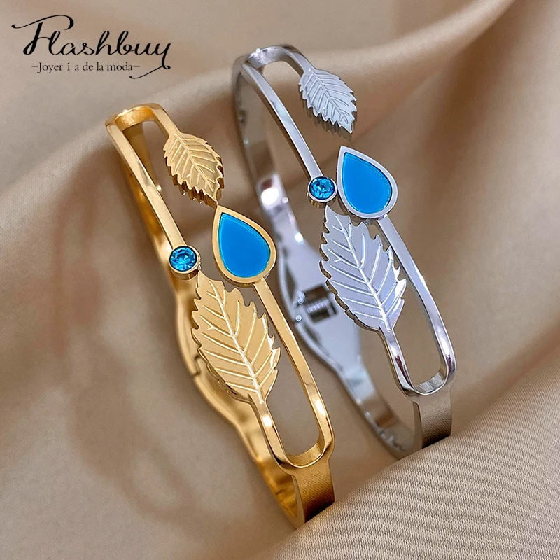 Flashbuy 316L Stainless Steel Blue WaterDrop LeavesCharm Bangles Bracelets for Women New Design Waterproof Fashion Jewelry