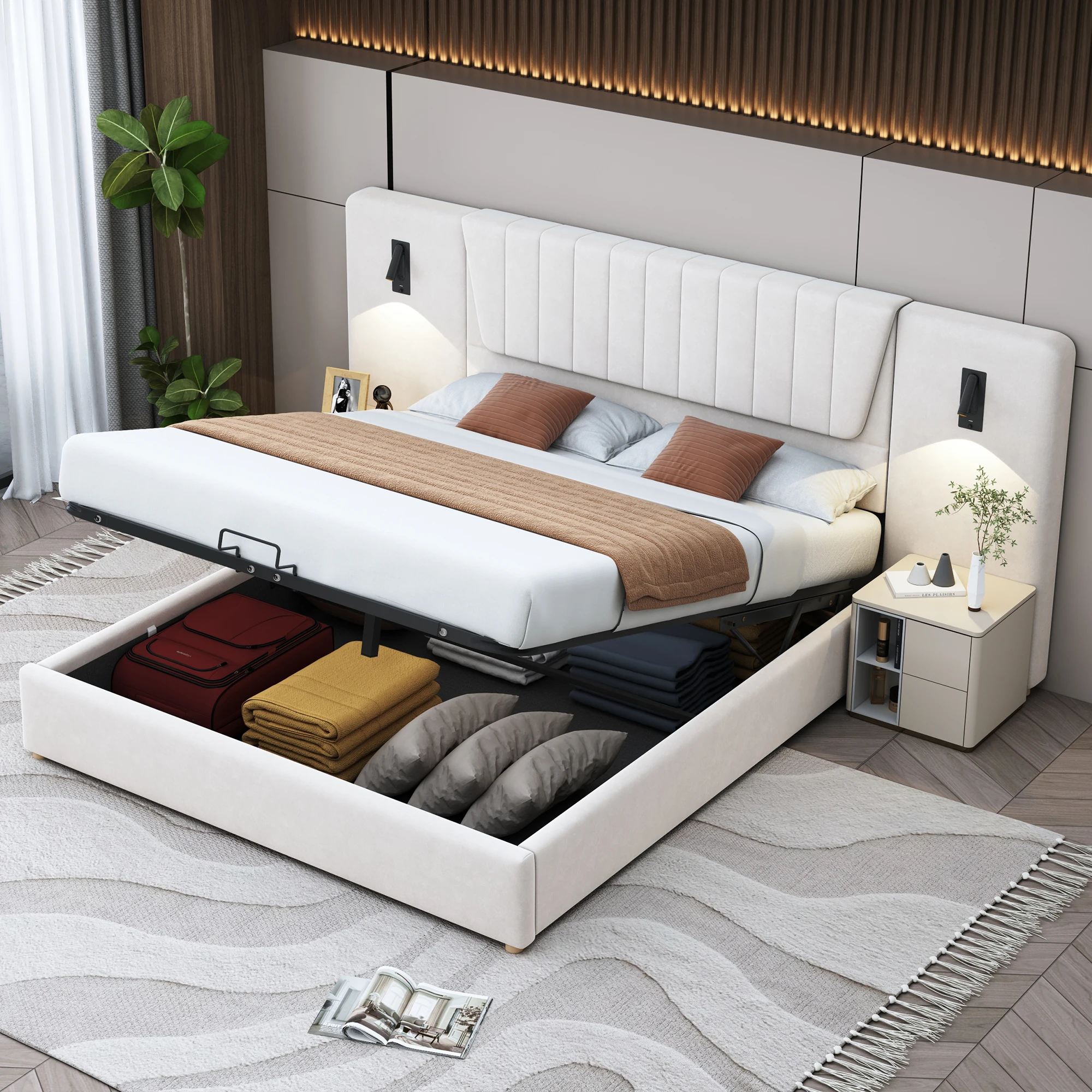 Lit coffre 180 × 200 cm avec USB, 2 lampes de lecture orientables et coffre sans matelas - Beige