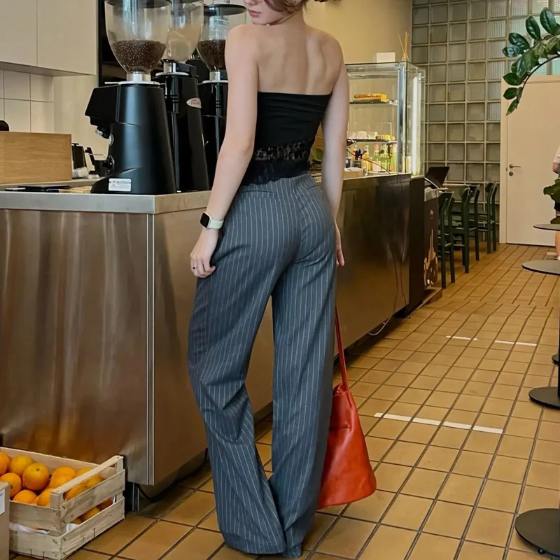 Calças formais femininas escritório wear feminino listrado cinza preto calças mulher cintura alta baggy terno calças casuais calças de perna larga