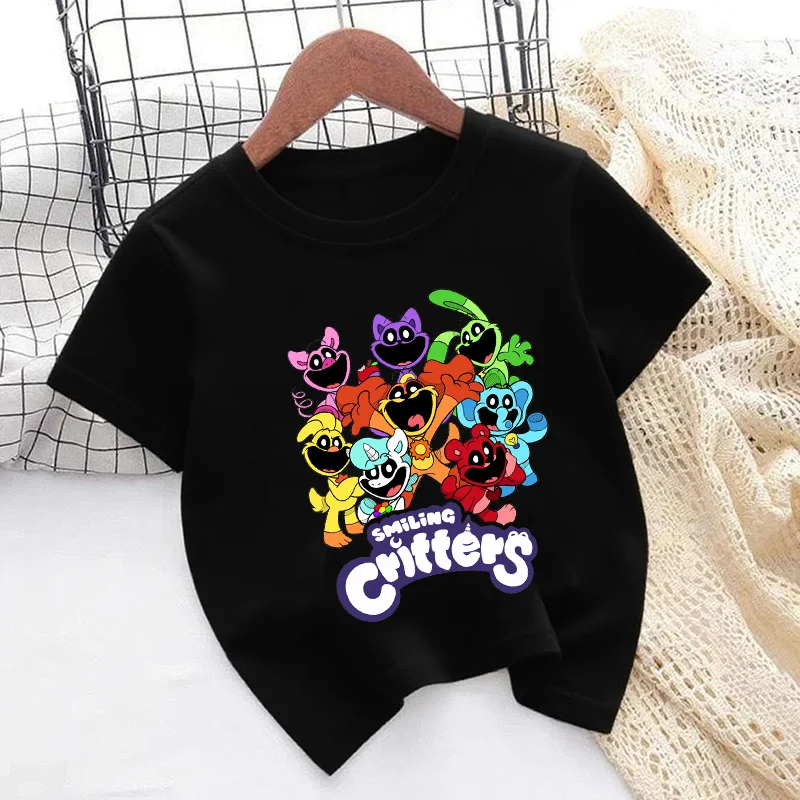 

Smilling Critters Print Cartoon Kids T shirt Funny Girls Summer Tops Baby Boys Clothes Black Children Short Sleeve T-shirts