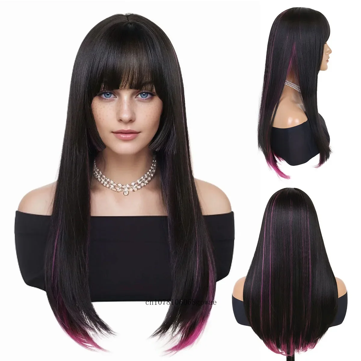 

Synthetic Long Straight Wigs for White Women Black Mixed Red Wig with Highlights Middle Part Heat Resistant Daily Costume Party