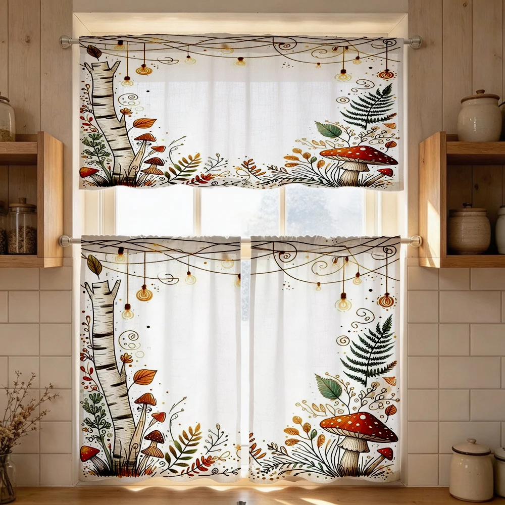 Fall Kitchen Curtains, Birch Tree Mushrooms Fern, Digital Print, Kitchen Dining Room, Rod Pocket Polyester, Home Decor