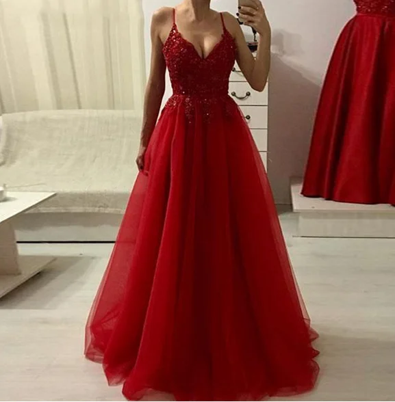 

ANGELSBRIDEP Sexy Spaghetti Straps Sweetheart A-line Evening Dresses Robe Soiree Charming Applique Floor-Length Celebrity Prom