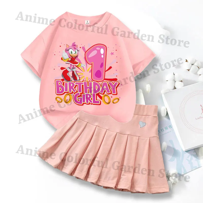 2pcs Sonics Love Dress T-shirt Suit for Girls Cartoon Number Printed Skirt Short Sleeved Top Set Kids Summer Sweet Skirts Suits view 2