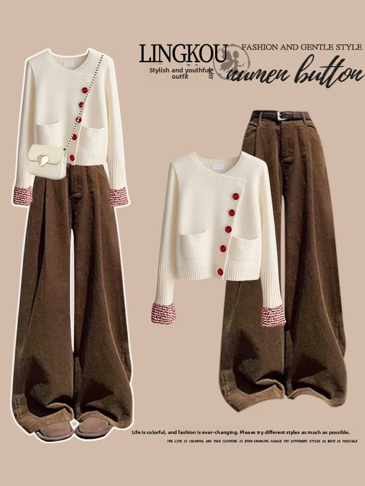 plus Size Autumn Winter Knitted Sweater Set High Waist Slimming Retro Casual Pants Two Piece Set Women's Fashion Ensemble