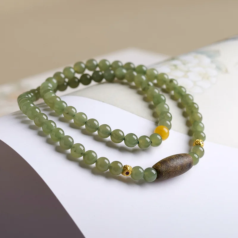 Natural Hetian Jade Double-Strand Bracelet Original Design with Honey Amber, Hainan Green AgarwoodNew Chinese Style Bead