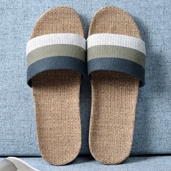 Fashion Household Slippers Flip-Flops Shoes Men Linen Slippers Beach Sandals Summer Breathable Flat Shoes Striped Sandals