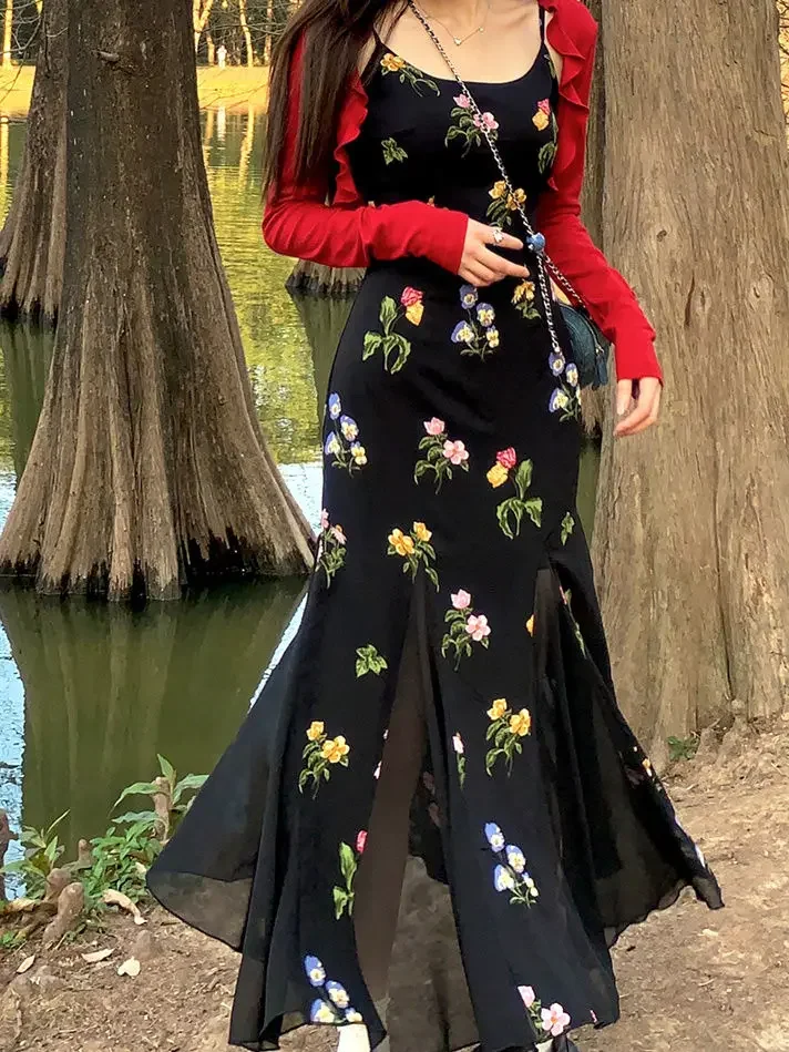 Zomer elegante bloemenpakjurk casual rood kort vest + sexy mouwloze midi-jurk zonnejurk feest Japanse modeset