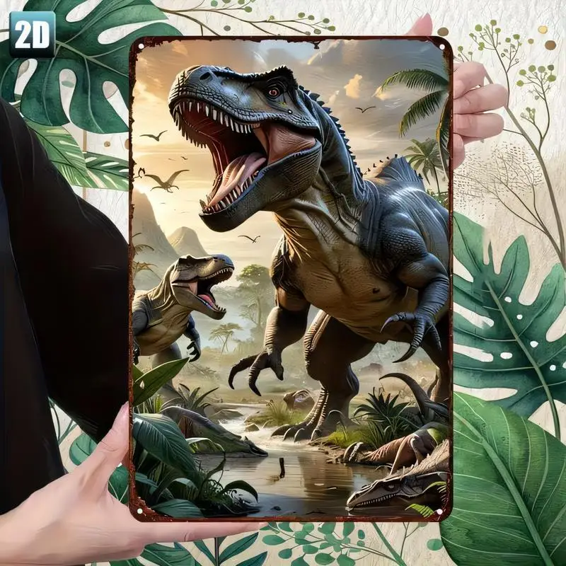 2D Roaring T - Rex Dinosaur Vintage Metal Tin Sign - Retro Jurassic Jungle Scene Wall Art, Iron, Perfect for Kids' Rooms & Dinos