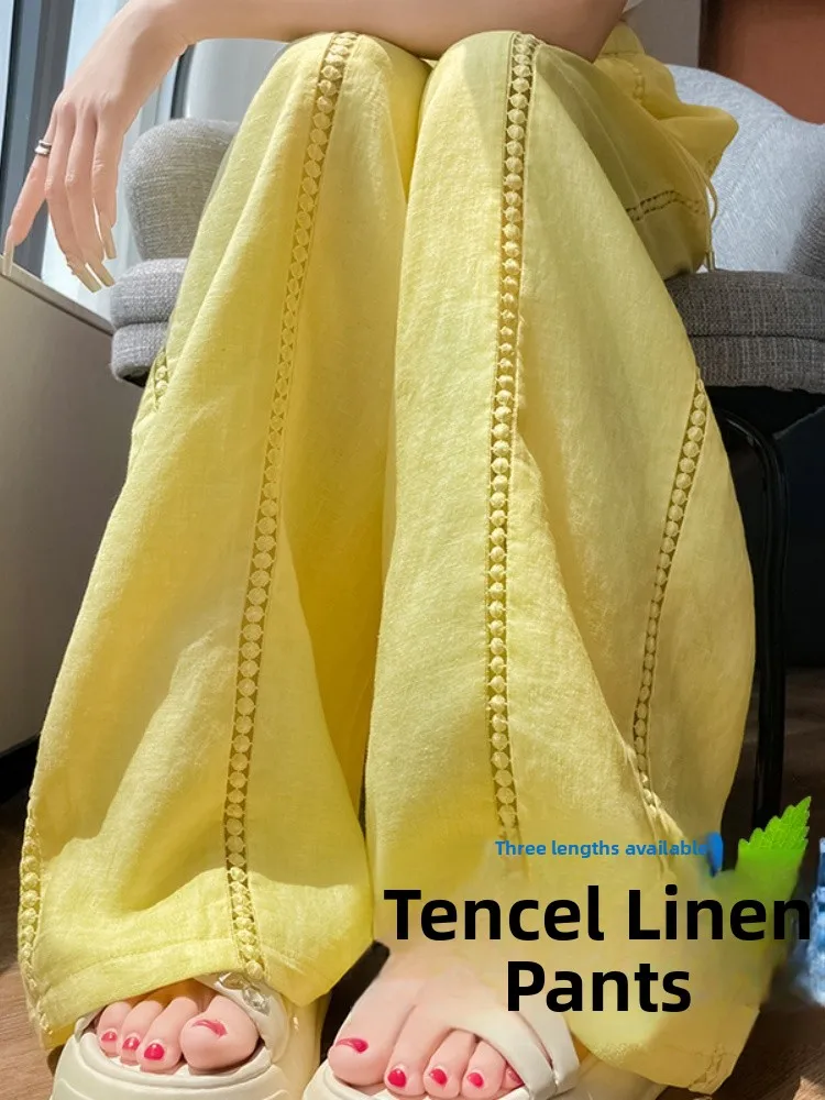 Calças largas de linho de seda gelo mulheres verão dopane fina cintura alta casual renda splice lyocell sembach calças commute sle