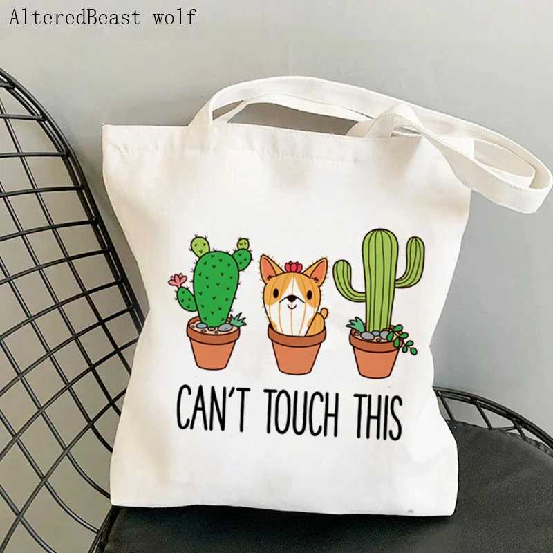 

Women Shopper bag Cactus Corgi Printed Kawaii Bag Harajuku Shopping Canvas Shopper Bag girl handbag Tote Shoulder Lady Bag