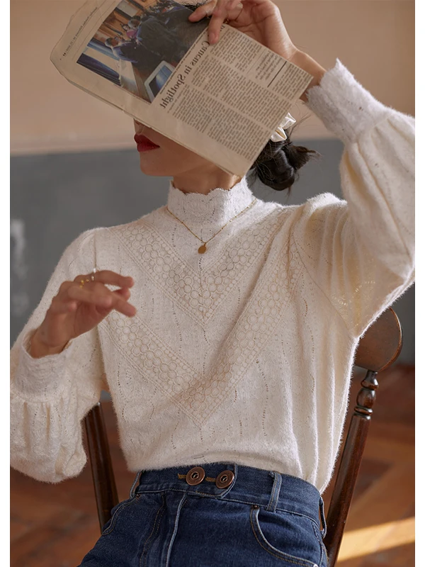 French Sle Fce Forro Base de encaje irt Mujer Faionable f Cuello alto Ropa interior Top Corte recto Largo Sve irt