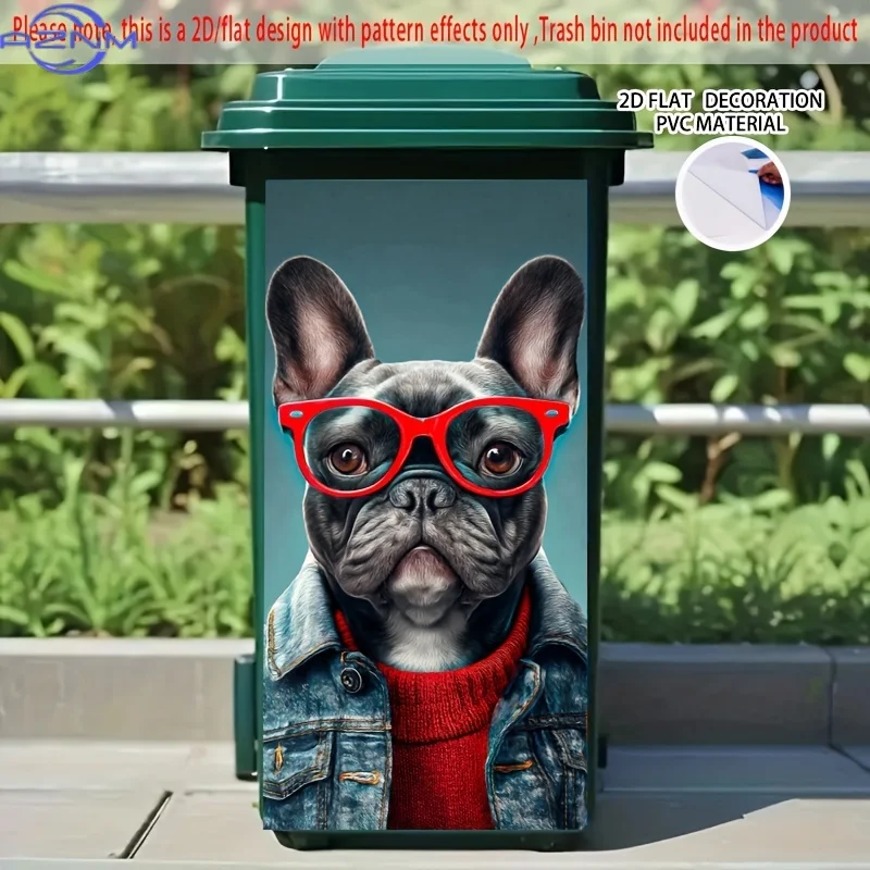French Bulldog with Red Glasses Self-Adhesive Dustbin Stickers, PVC Trash Can Decorative Stickers, Wheelie Bin Stickers,  for