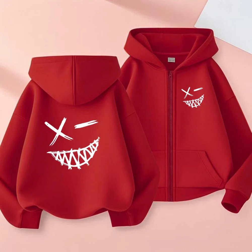 Evil Smile Face Print Kids Spring Autumn Zipper Hooded Sweatershirts 2-13 Years Boys Girls Casual Outfits Children Top Clothes