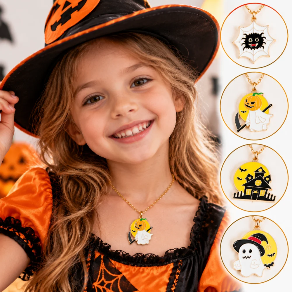 Halloween Spooky Necklace Ghost Haunted House Spider Pendant Oil Drop Alloy Jewelry Gift Boys Girls Party Costume Accessories