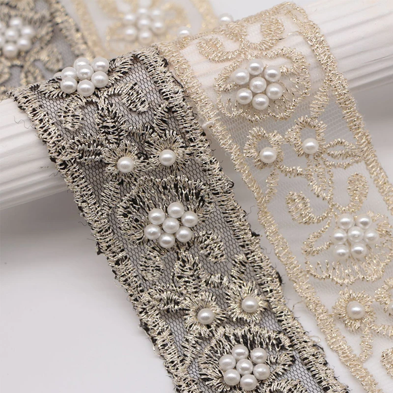 

1Yard 40mm Exquisite Embroidery Organza Lace with Pearls for DIY Headwear Accessories Clothing Wedding Dress Pearl Lace Decor