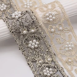 1Yard 40mm Exquisite Embroidery Organza Lace with Pearls for DIY Headwear Accessories Clothing Wedding Dress Pearl Lace Decor