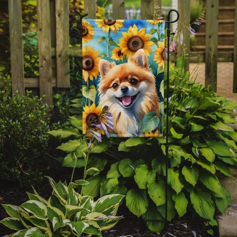 

Cheerful Pomeranian in Sunflowers Garden Flag Multicolor Decorative Yard Banner for Mailbox Patio Flower Beds
