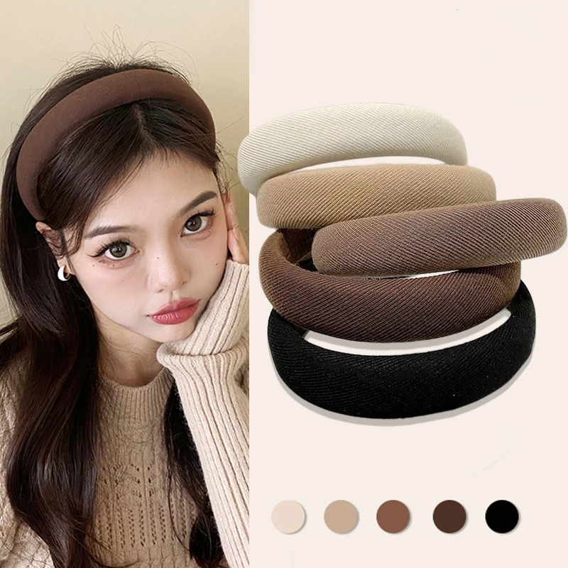 Korean Fashion Beige Coffee Velvet Sponge Headband Retro Neutral Color Soft Thick Wide Bezel Hair Bands Accessoires for Women