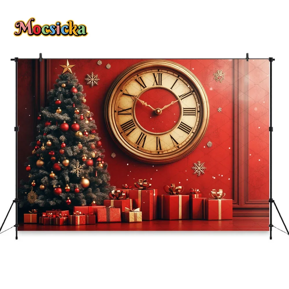 Mocsicka Red Christmas Background Photography Giant New Year Clock Xmas Tree Gift Room Backdrop Winter Kids Family Indoor Studio