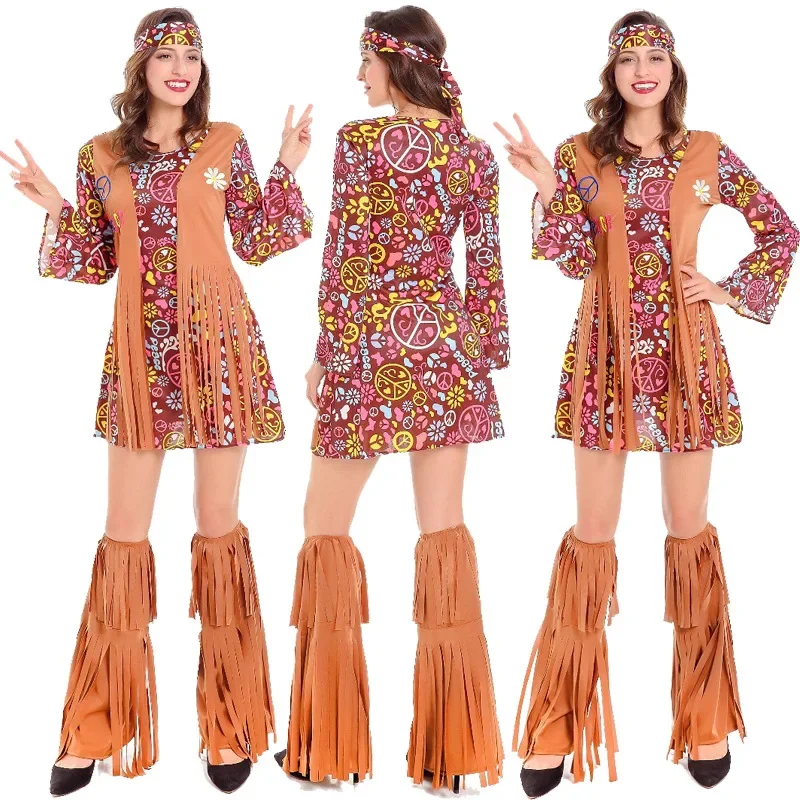 Cosplay Indian Tassels Costumes Set Women's Peace Love Hippie Christmas 1960s Stage Performance Halloween Dress Up Outfits Party