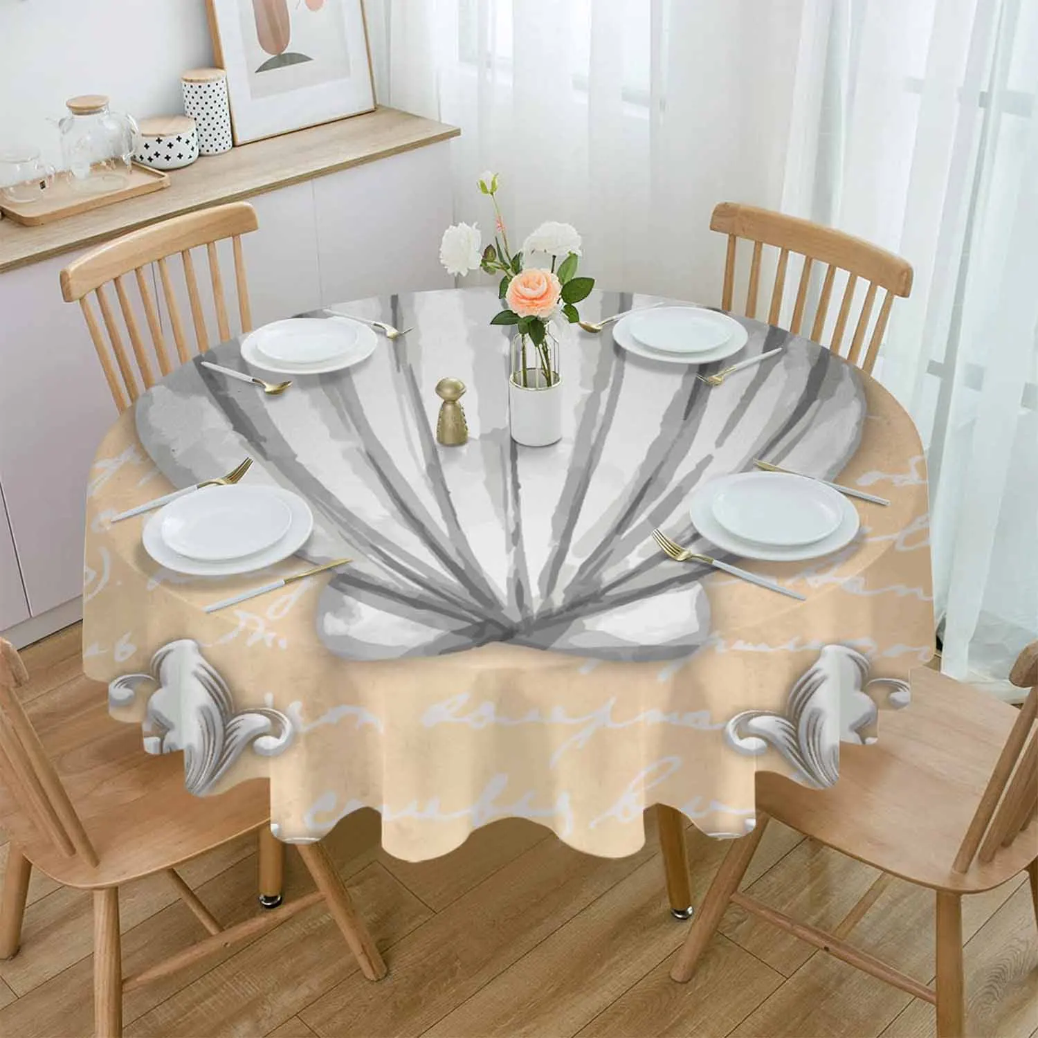 Text Stone Carving Shell Natural Color Waterproof Tablecloth Table Decoration Wedding Home Kitchen Dining Room Round Table