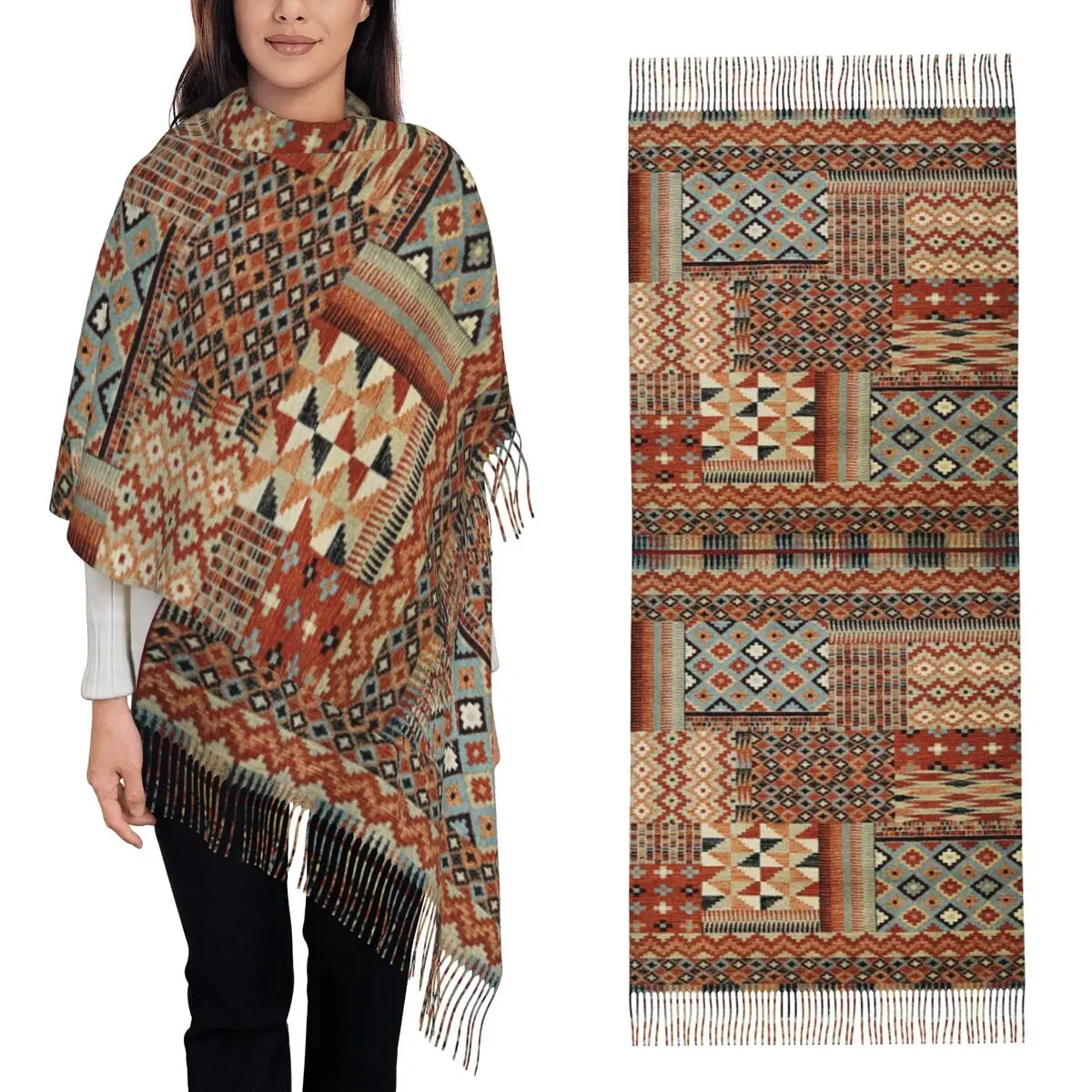 Bohemia Ethnic Antique Persian Carpet Tribal Rug Style Scarf Tassel Scarves for Women Shawl and Wrap Long Fall Winter Shawl Wrap