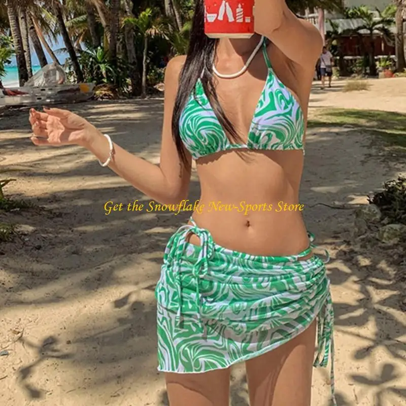 E56D Women 3pcs Set Side Tie Bathing Suit Swimsuit and Cover Up Beach-Skirt
