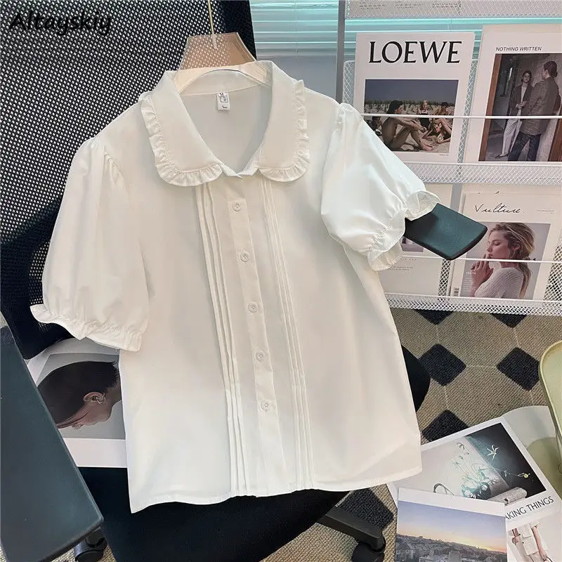 White Shirts Women Peter Pan Collar Puff Sleeve Simple Basic Korean Style Students Kawaii JK Summer Sweet Age-reducing All-match