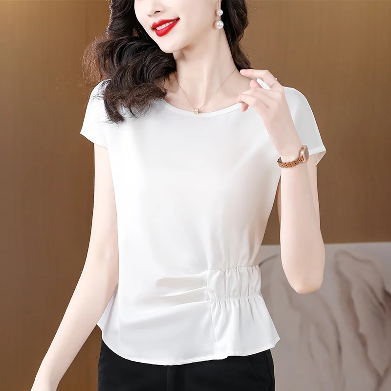 Summer Fashion Solid Color Pleated T-shirt Women Classic Short Sleeve New Temperament All-match O-collar Lady Temperament Top