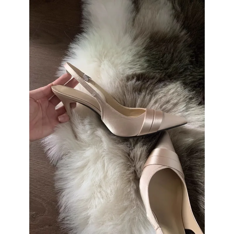 

Champagne colored pointed high heels for women, slim heels, 2025 new style, single shoe, straight strap, empty toe sandals