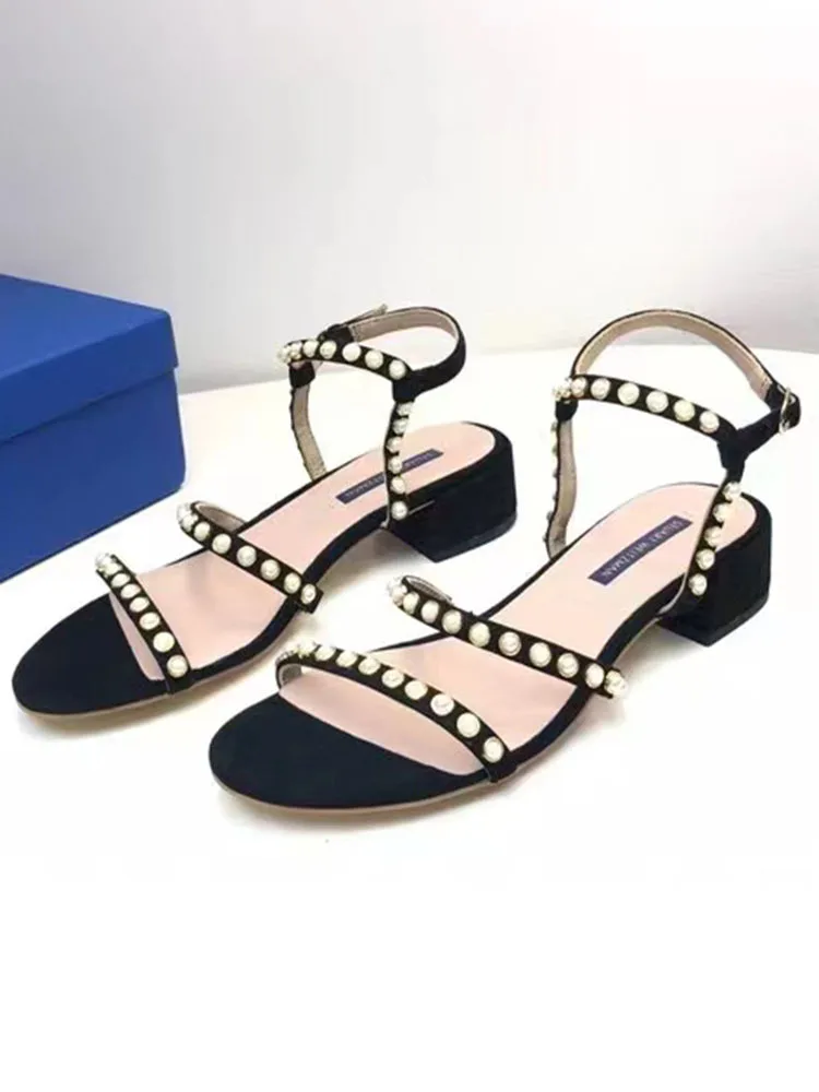 

Сандалии из натуральной кожи с жемчужным декором, на среднем каблуке, с открытым носком, повседневные, для прогулок