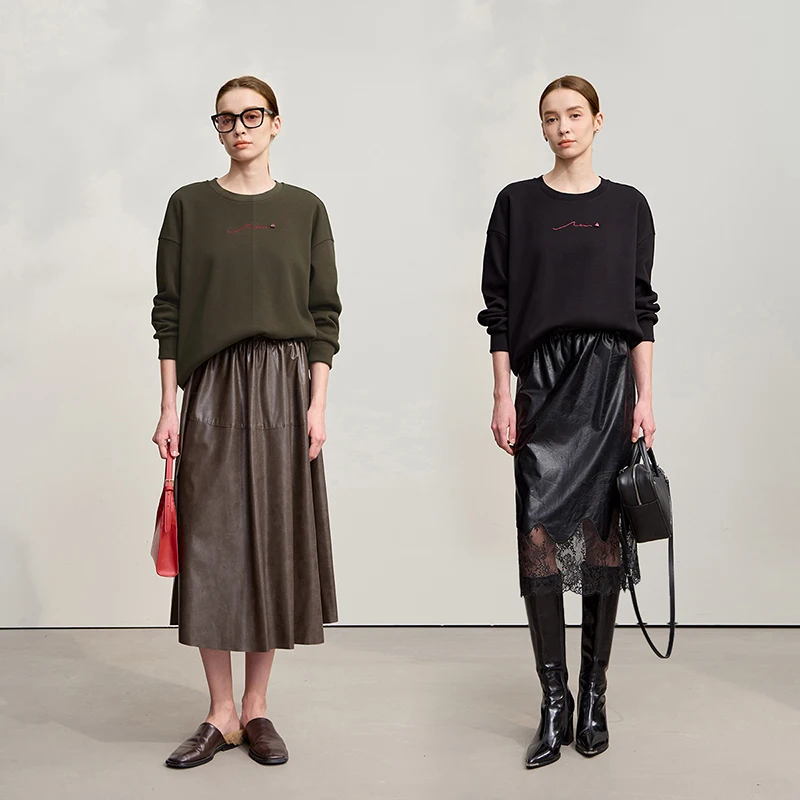 Amii Damskie Bluzy 2025 Zima Nowa Luźna Ciepła Bluza Damska z Długim Rękawem Haftowana Bluza Pulower z Okrągłym Dekoltem Top Damski 12524025