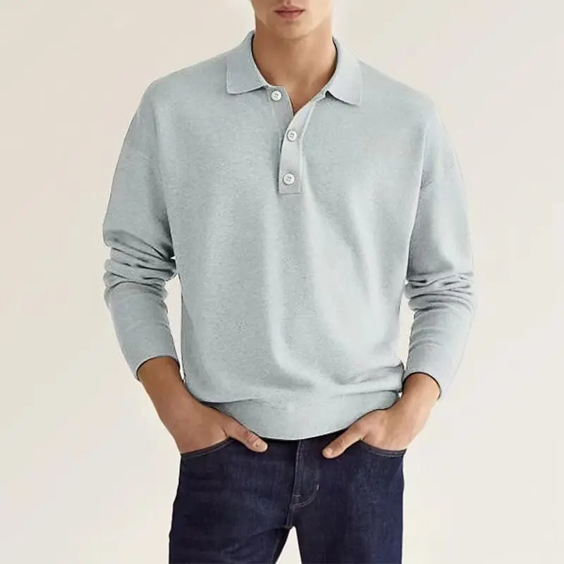 Polo de manga larga para hombre, Jersey informal holgado con botones, Tops Vintage que combinan con todo, Color sólido, primavera y otoño, 2024