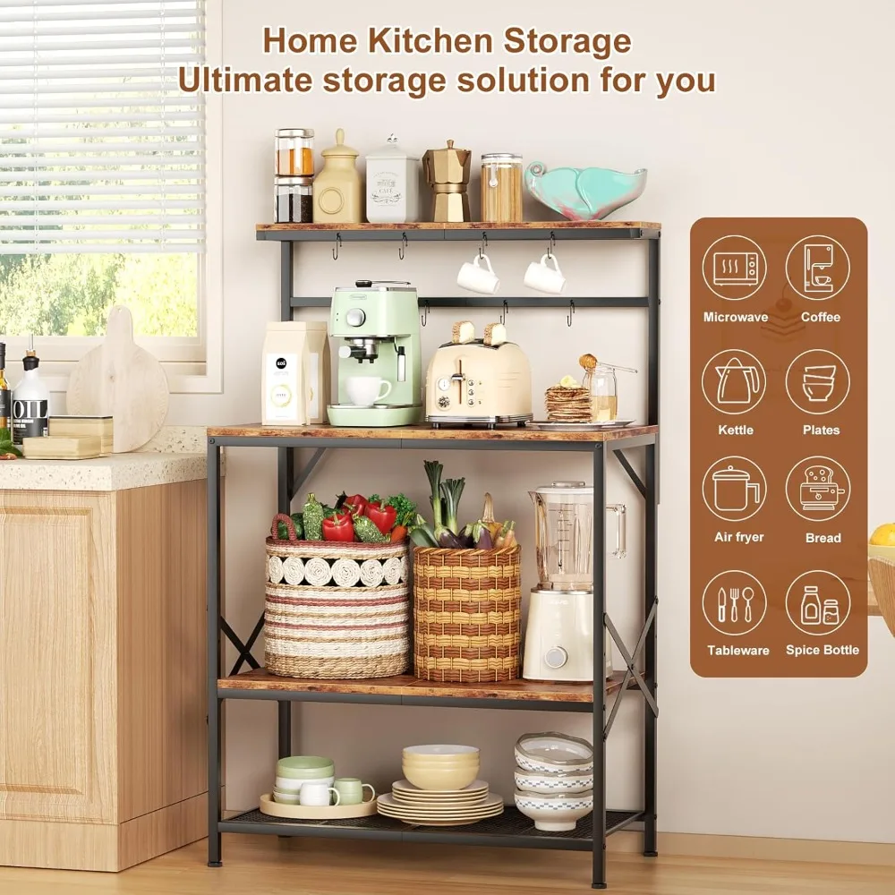 Bakers Racks for Kitchens with 31.5 x 15.7 Inch Larger Desktop, Microwave Stand with Adjustable Middle Shelf, Coffee Bar with 8