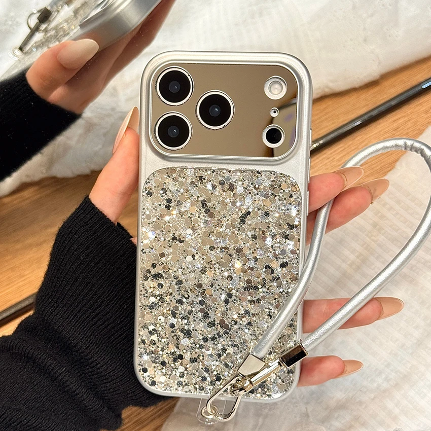 

makeup mirror phone case for iPhone 17 16 15 14 Pro Max Plus 16Pro glitter sequin phone case silver leather lanyard cover shell