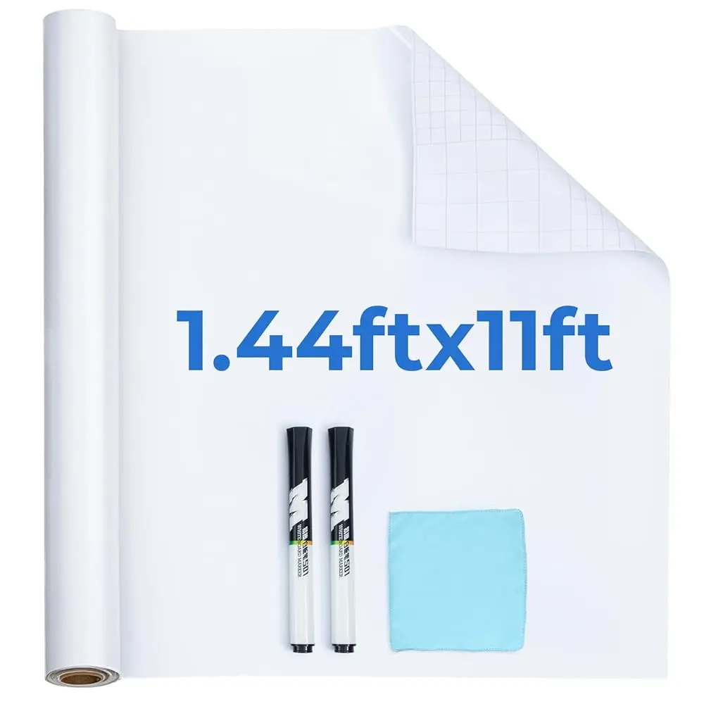 

Белые обои-доска для письма, 1.44x11 футов, самоклеящиеся обои-доска, контактная пленка для сухого стирания